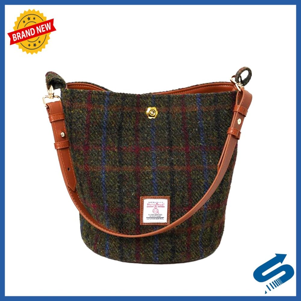 Harris Tweed Bucket Bag Shoulder Bag Handbag Women Microfiber Leather Strap